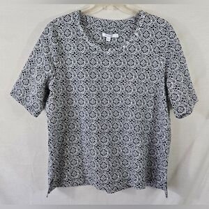 NWT Chico's Women's Blue & White Tile Print Short Sleeve Top Size 2 (Large, 12)